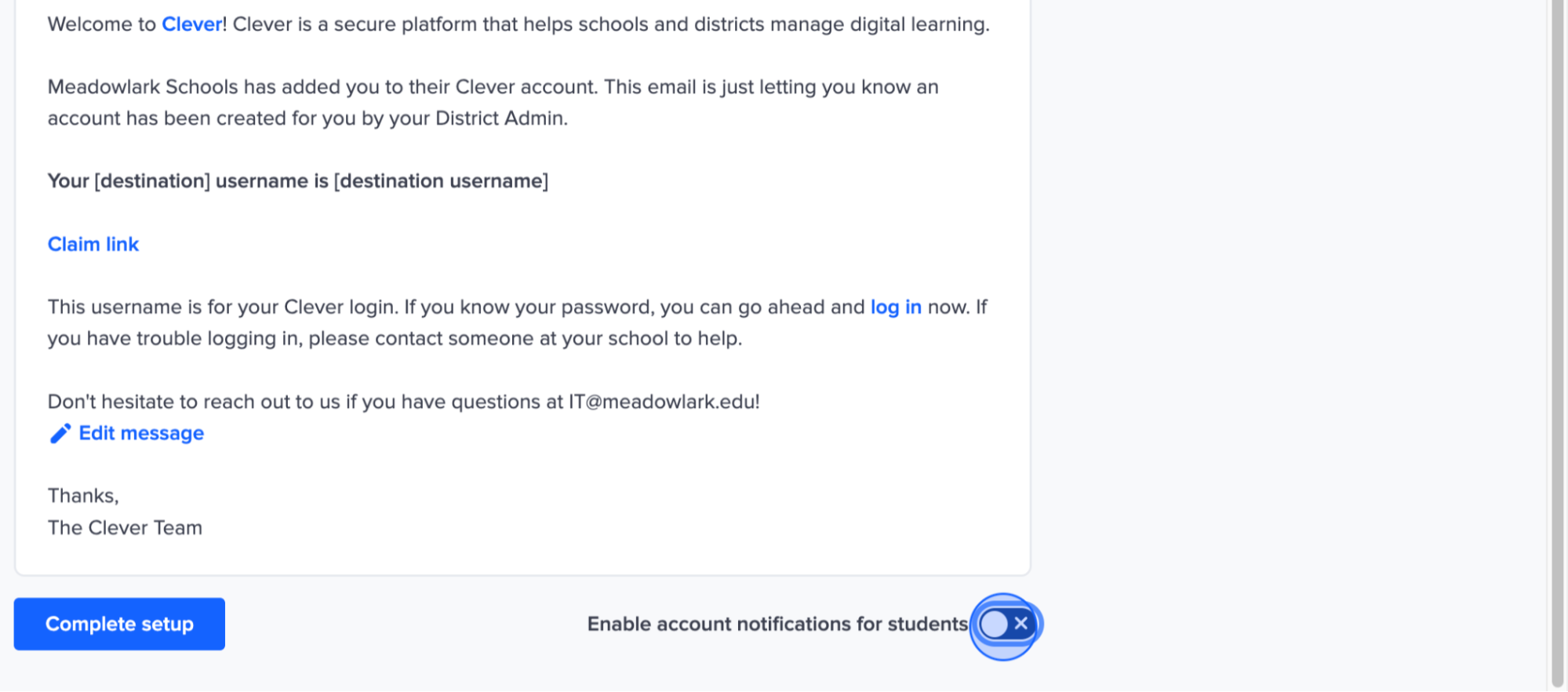 For Clever Admin: Account claim email notifications for new users