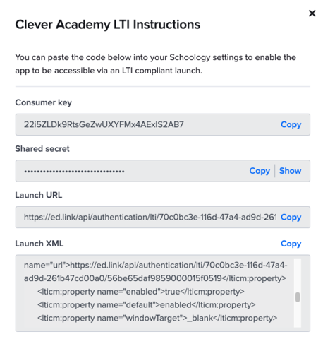 Screenshot of Clever LMS Connect LTI setup instructions