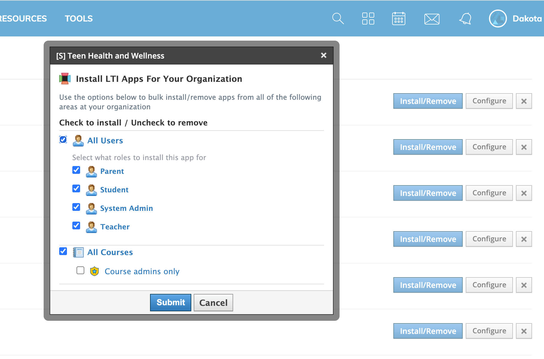 Screenshot of Schoology Install LTI Apps page