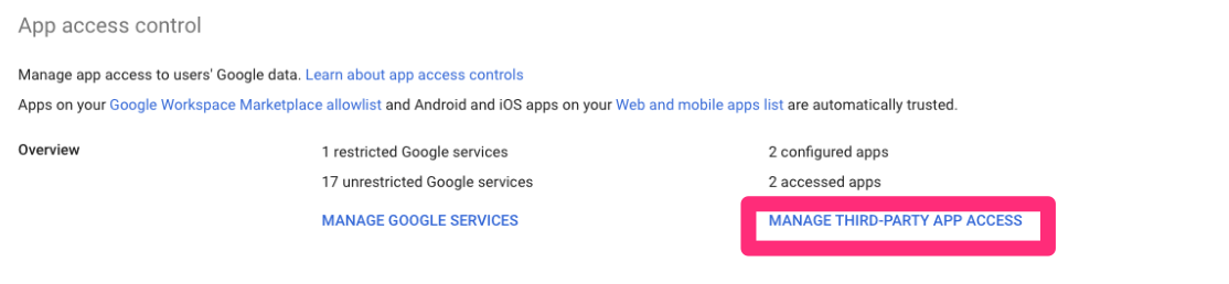 Screenshot with Manage third party app access button highlighted