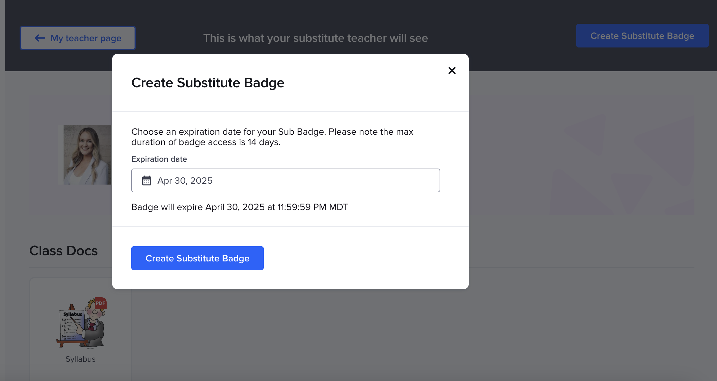Select the date you would like the Badge to expire